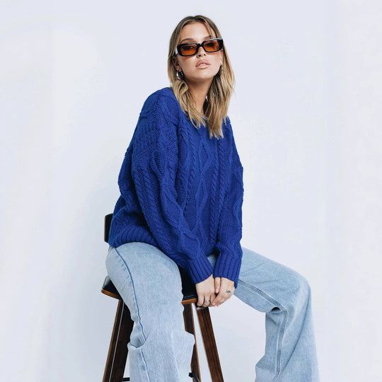 Damen Grobstrickpullover mit voluminösen Ärmeln und klassischem Zopfmuster EB