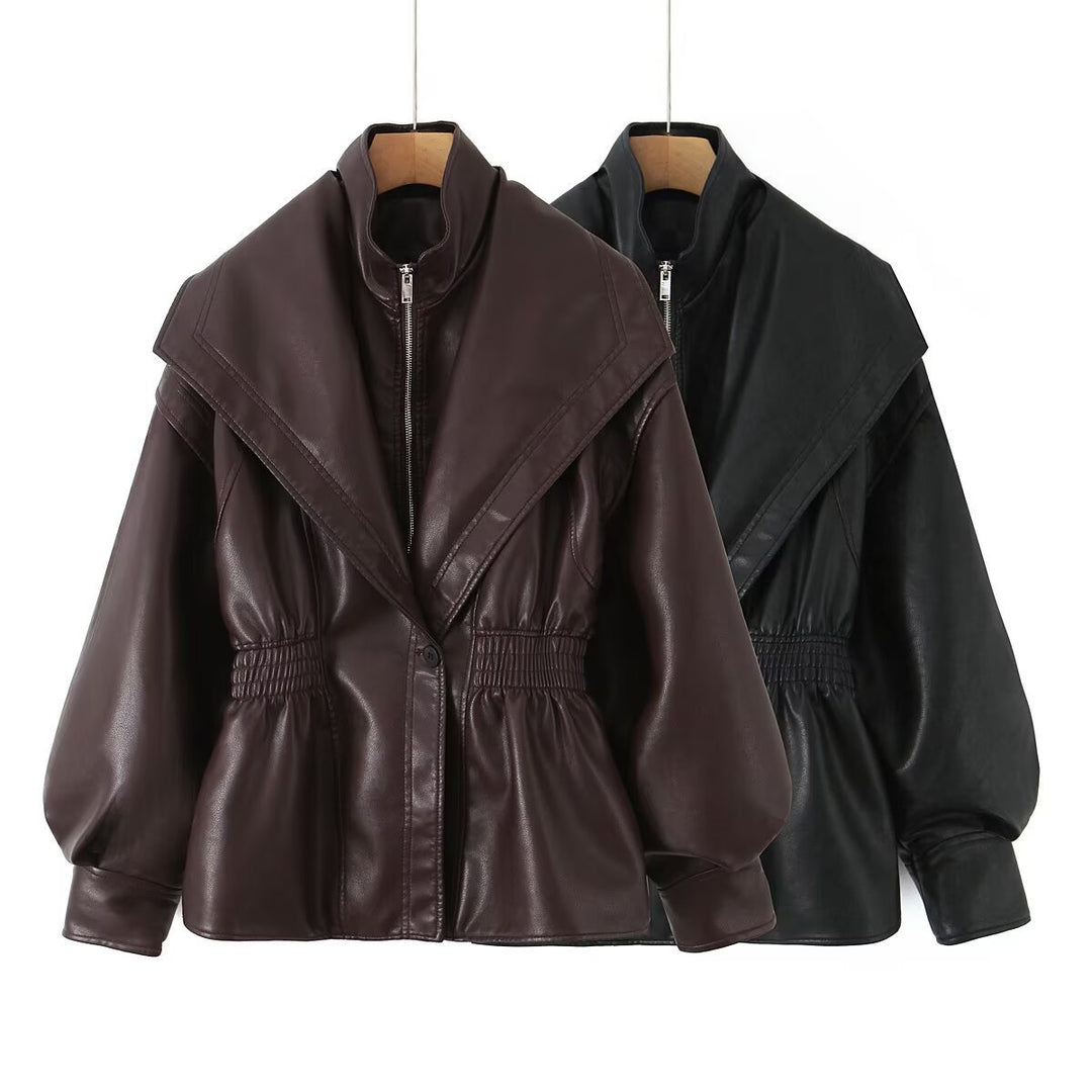 Damen Kunstlederjacke mit asymmetrischem Kragen und tailliertem Schnitt EB