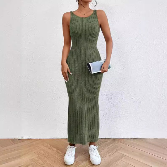 Damen figurbetontes Langarm-Maxikleid mit Rippenstruktur und Rundhalsausschnitt EB