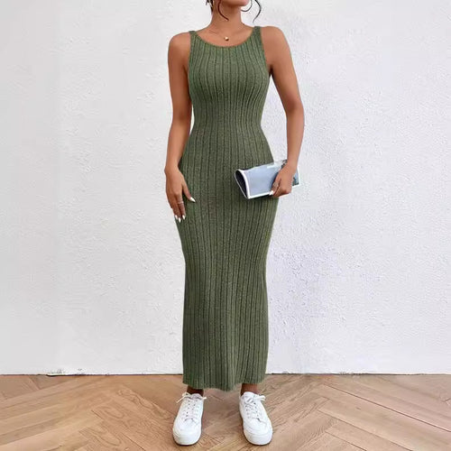 Damen figurbetontes Langarm-Maxikleid mit Rippenstruktur und Rundhalsausschnitt EB