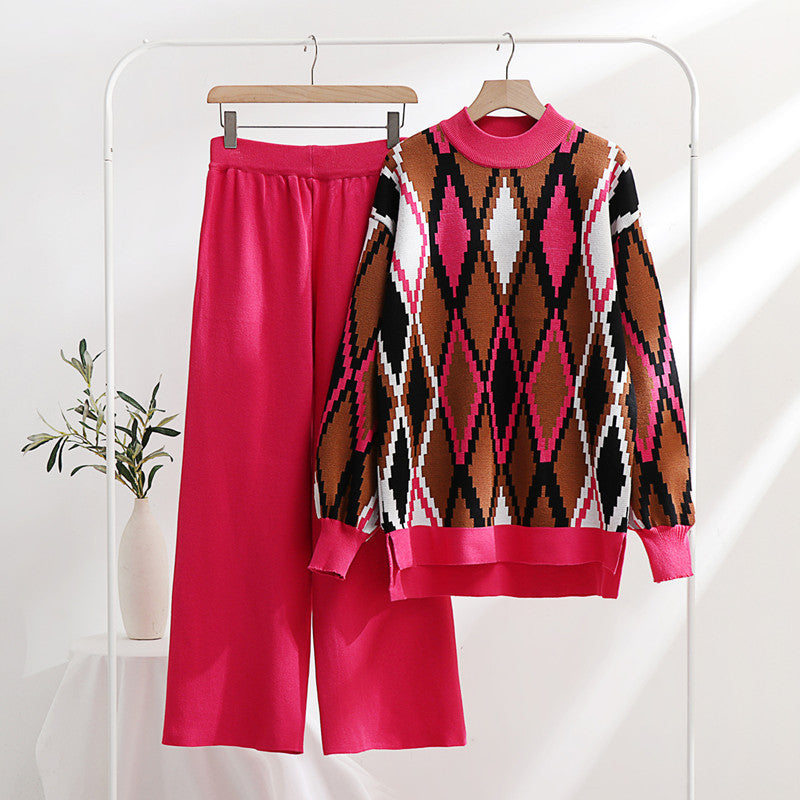 Damen modisches Strick-Loungewear-Set mit geometrischem Muster und weitem Schnitt EB