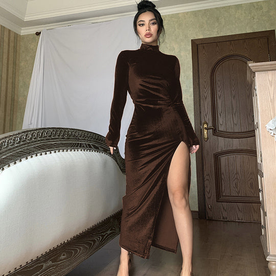 Damen Elegantes Langarm-Wickelkleid aus weichem Veloursstoff mit hohem Schlitz EB
