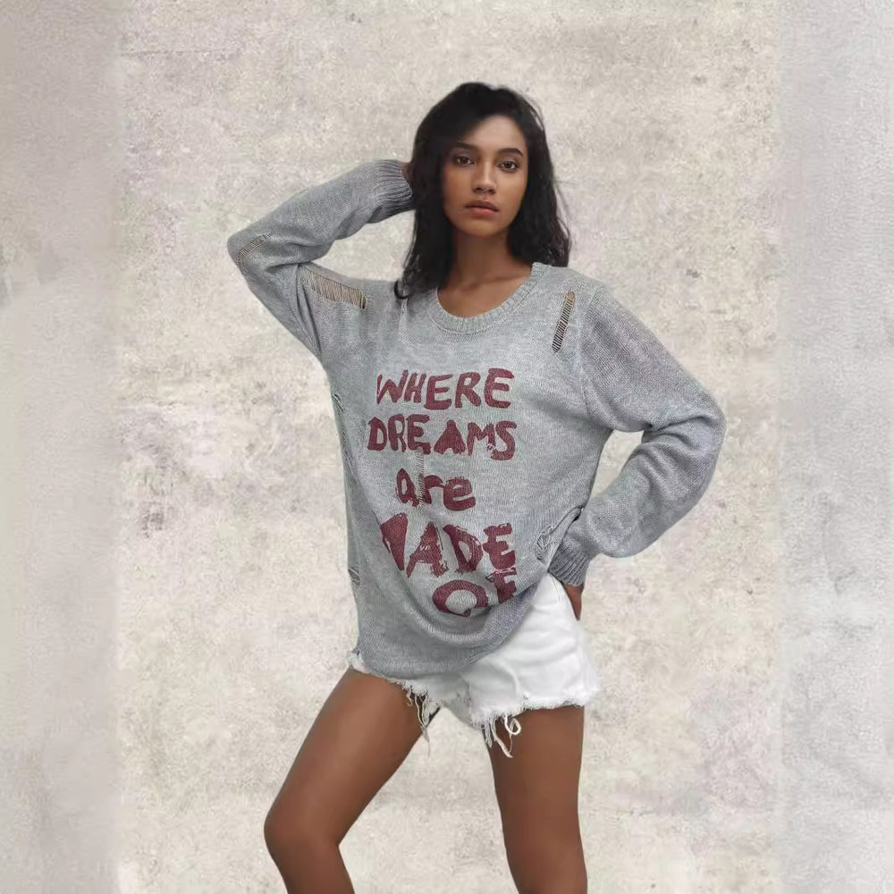 Damen lässiger Oversized Pullover mit auffälligem Schriftzug und Strick-Details EB