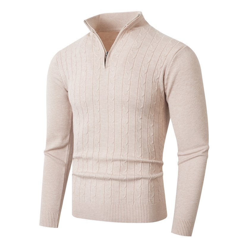 Herren nan gerippter Halbzip-Pullover mit Zopfmuster, Stehkragen und schmaler Passform EB
