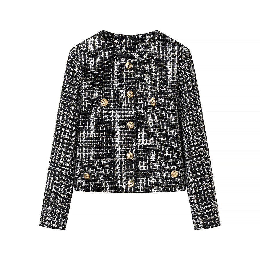 Damen elegante Kurzjacke im modischen Tweed-Stil mit goldenen Knopfdetails EB