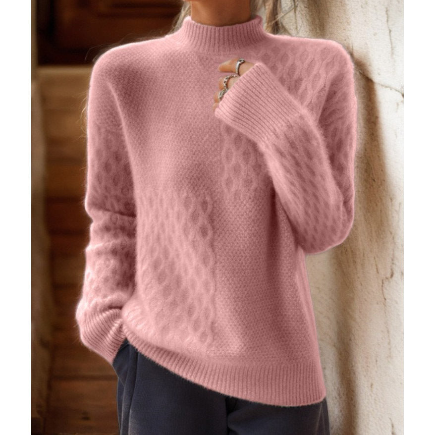 Damen nan lässiger Mohair-Mix Feinstrickpullover mit Strukturmix, Stehkragen und überschnittenen Schultern EB