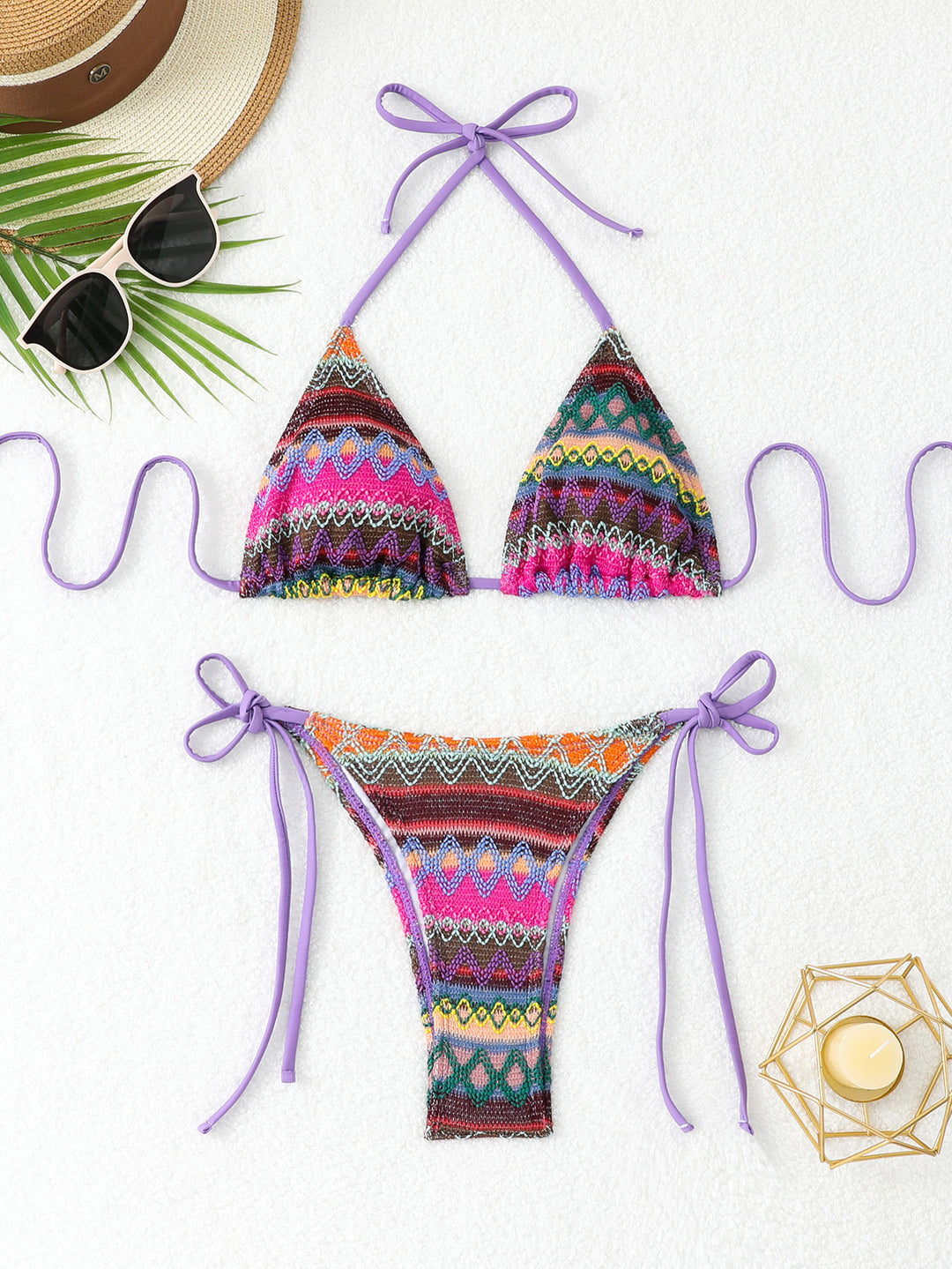 Damen Triangel-Bikini mit fröhlichem Muster und verstellbaren Bändern EB