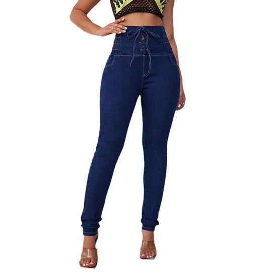 Damen Hochtaillierte Jeans mit verstellbarem Kordelzug und taillierter Passform EB