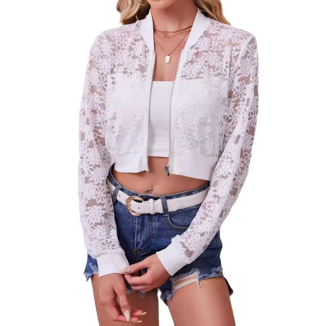 Damen nan florale Spitzen-Bomberjacke mit Reißverschluss und Rippbündchen EB