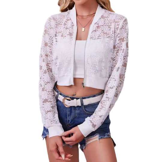 Damen nan florale Spitzen-Bomberjacke mit Reißverschluss und Rippbündchen EB