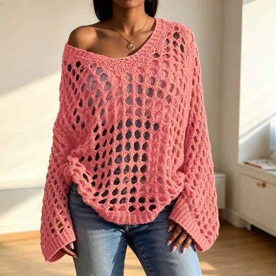 Damen Lockerer gehäkelter Oversize-Ajour-Pullover mit V-Ausschnitt EB