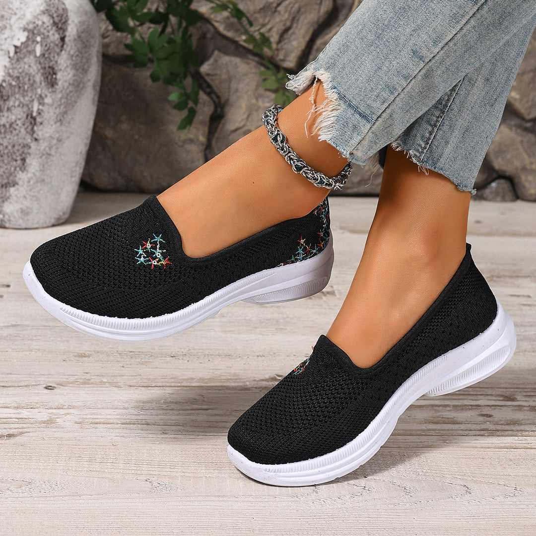 Damen Bequeme Slip-On Schuhe mit atmungsaktiver Strickoberfläche und floralem Muster EB