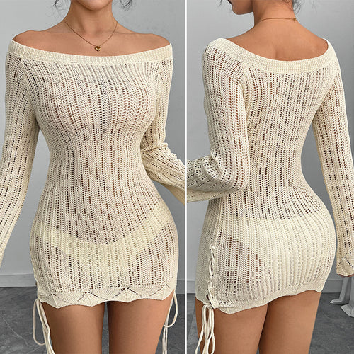 Damen Strickkleid mit offener Schulter und Schlitzdetails EB