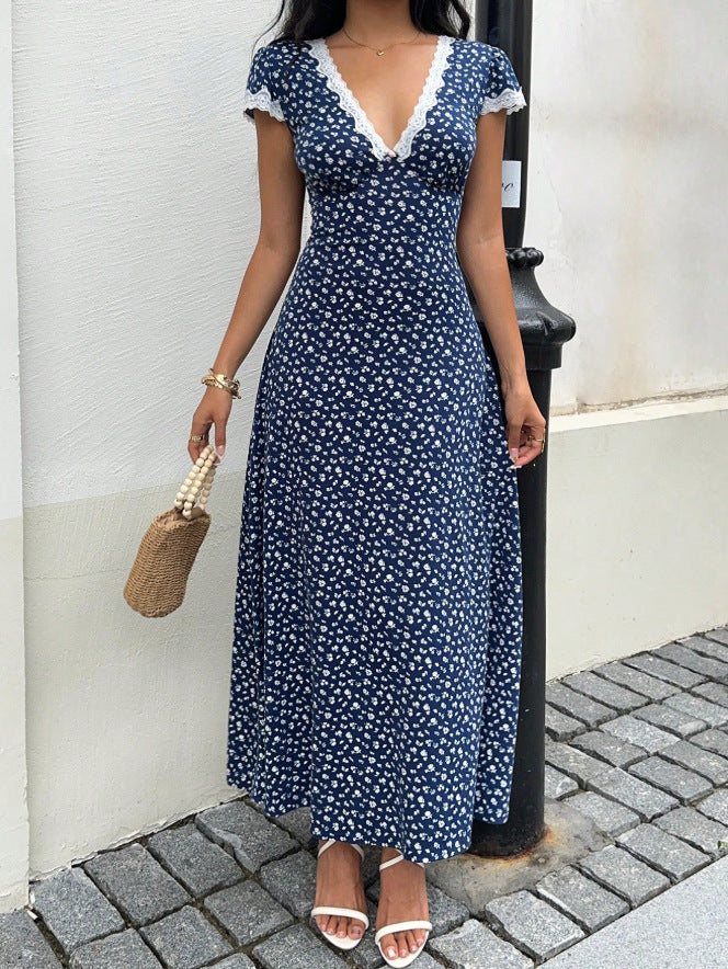 Damen Maxikleid mit floralem Muster und elegantem Spitzenbesatz EB