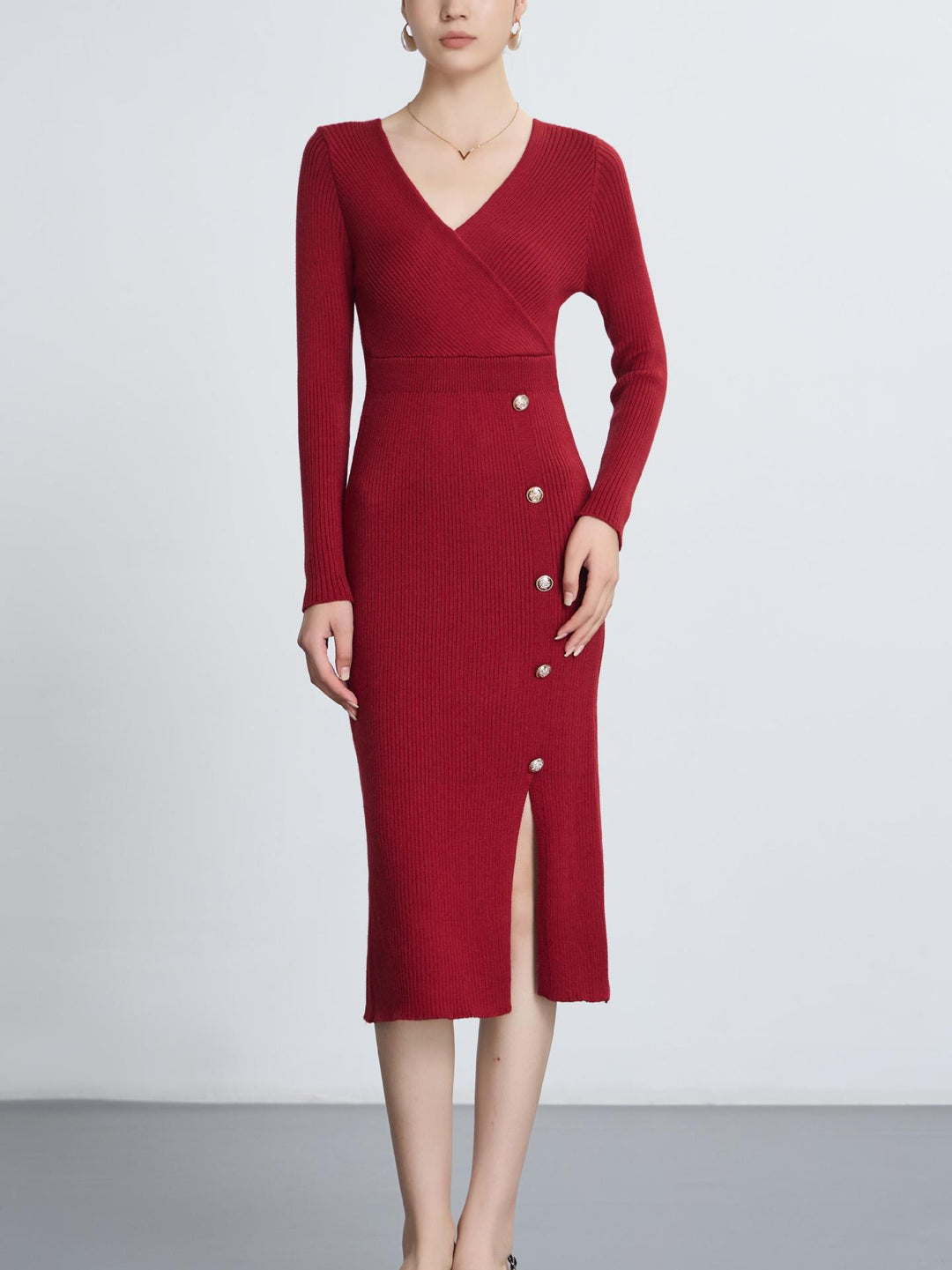 Damen Strickkleid mit Wickeloptik und Knopfdetails EB