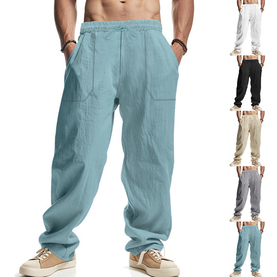 Herren nan sommerliche Loose-Fit Leinen-Chino mit Kordelzug, elastischem Komfortbund und großen aufgesetzten Fronttaschen EB