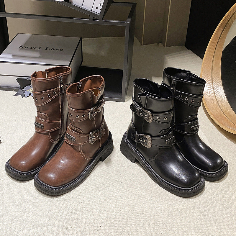 Damen modische Stiefel mit dekorativen Schnallen und robustem Profil EB
