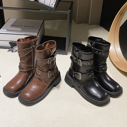 Damen modische Stiefel mit dekorativen Schnallen und robustem Profil EB