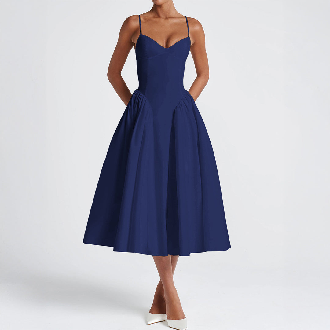 Damen A-linien Abendkleid mit verstellbaren Spaghettiträgern und schwingendem Rock EB
