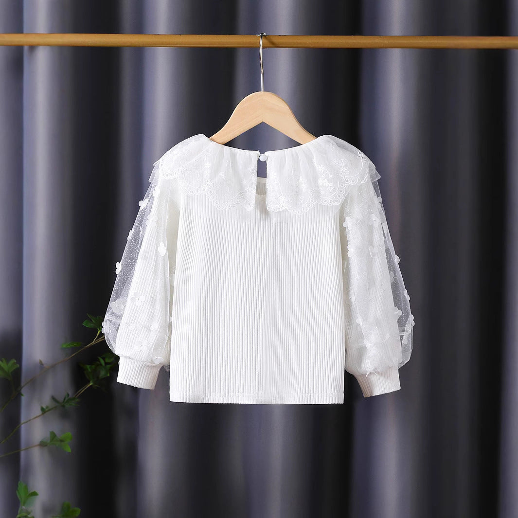 Damen Bluse mit romantischem Tüllkragen und floralen Stickereien EB