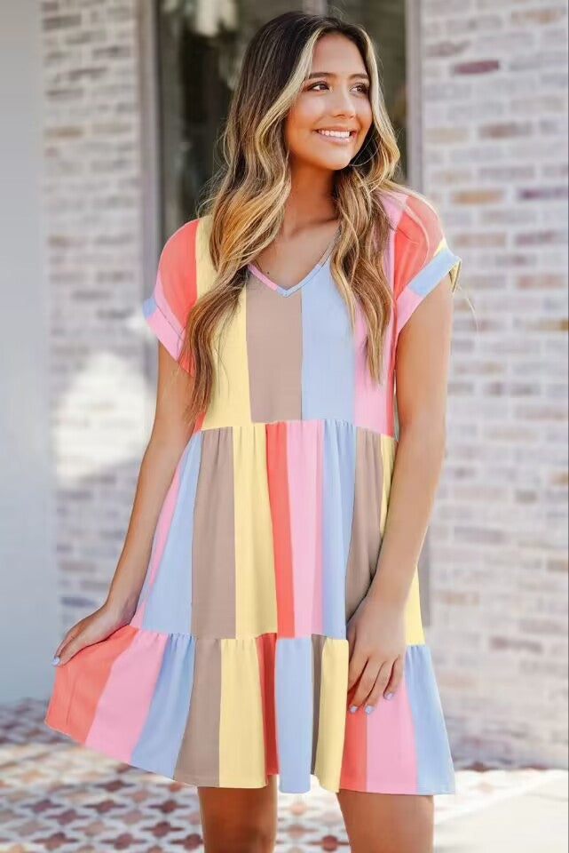 Damen lässiges Kurzarm Kleid mit buntem Streifenmuster EB