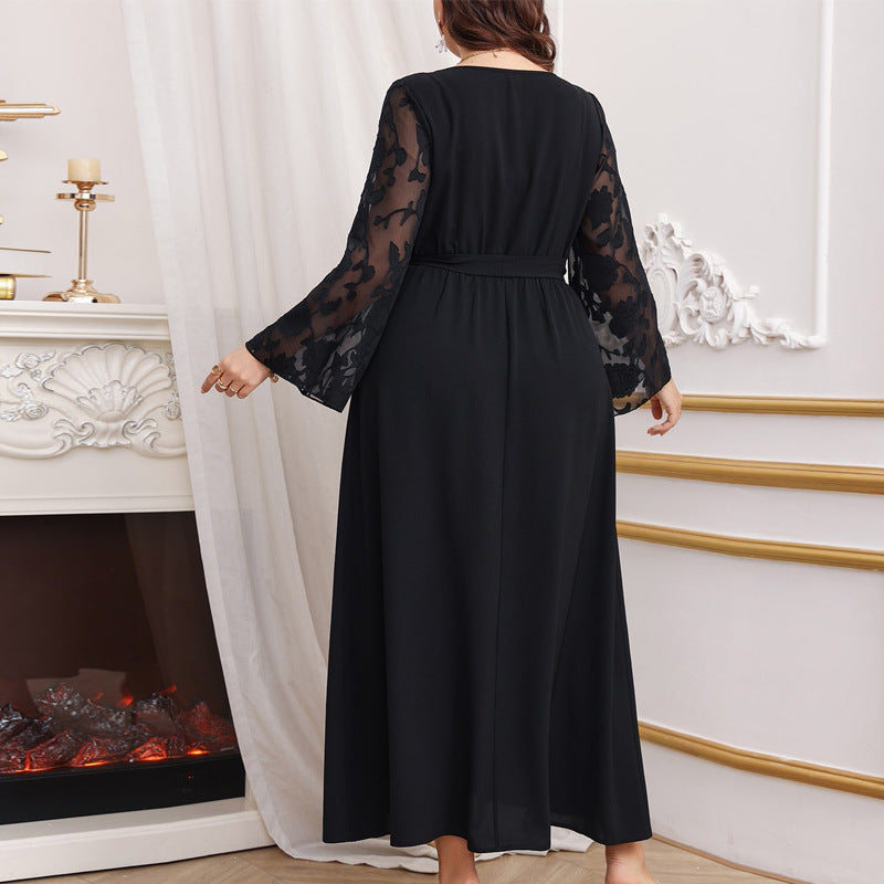 Damen Maxikleid mit transparenten Ärmel und eleganter Taillenbindung EB