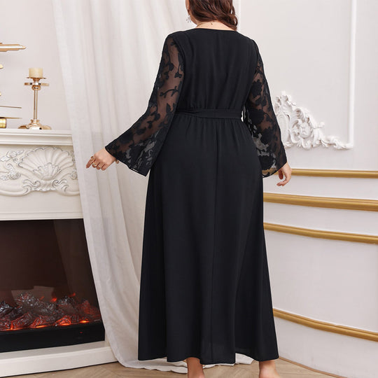 Damen Maxikleid mit transparenten Ärmel und eleganter Taillenbindung EB