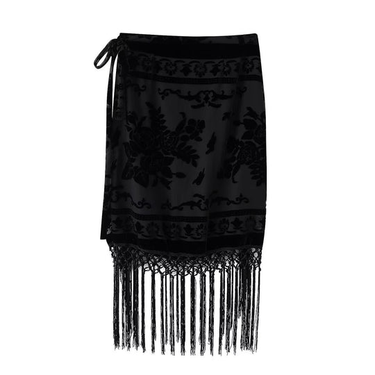 Damen Wickelrock mit eleganter Fransenverzierung und floralem Muster EB