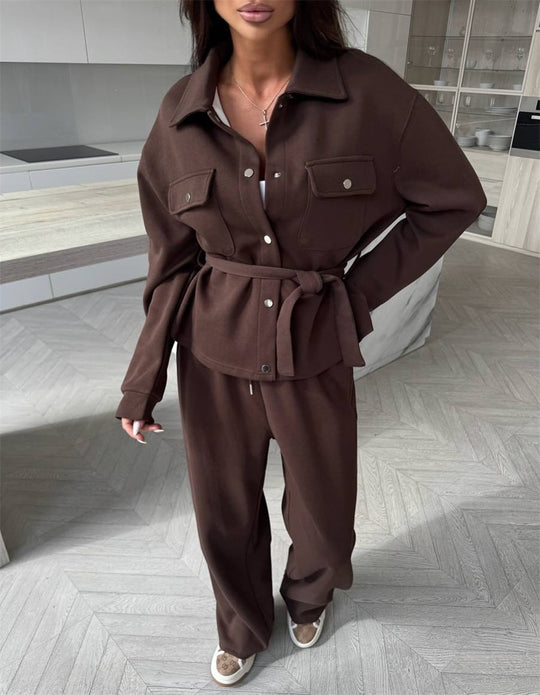 Damen Zweiteiliges Loungewear-Set mit tailliertem Blouson, Bindegürtel und weiter Palazzo-Hose EB