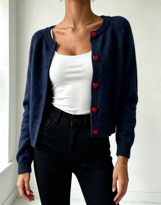 Damen Strickcardigan mit herzförmigen Zierknöpfen und weicher Mohair-Optik EB