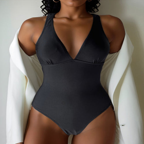 Damen Einteiler Badeanzug mit elegantem V-Ausschnitt und sportlichem Design EB