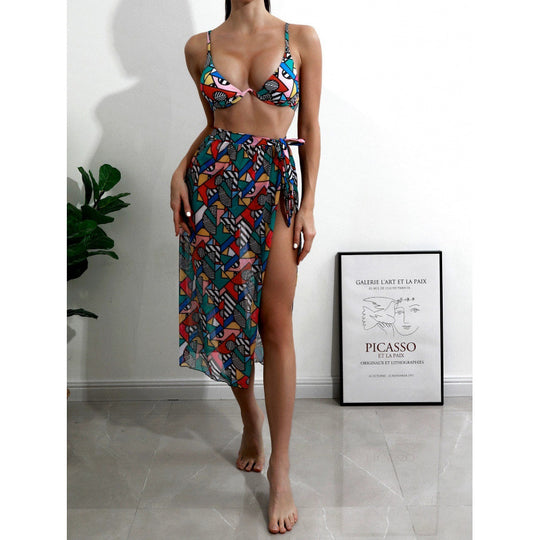 Damen Bikini-Set mit modischem Wickelrock und buntem Grafikdruck EB