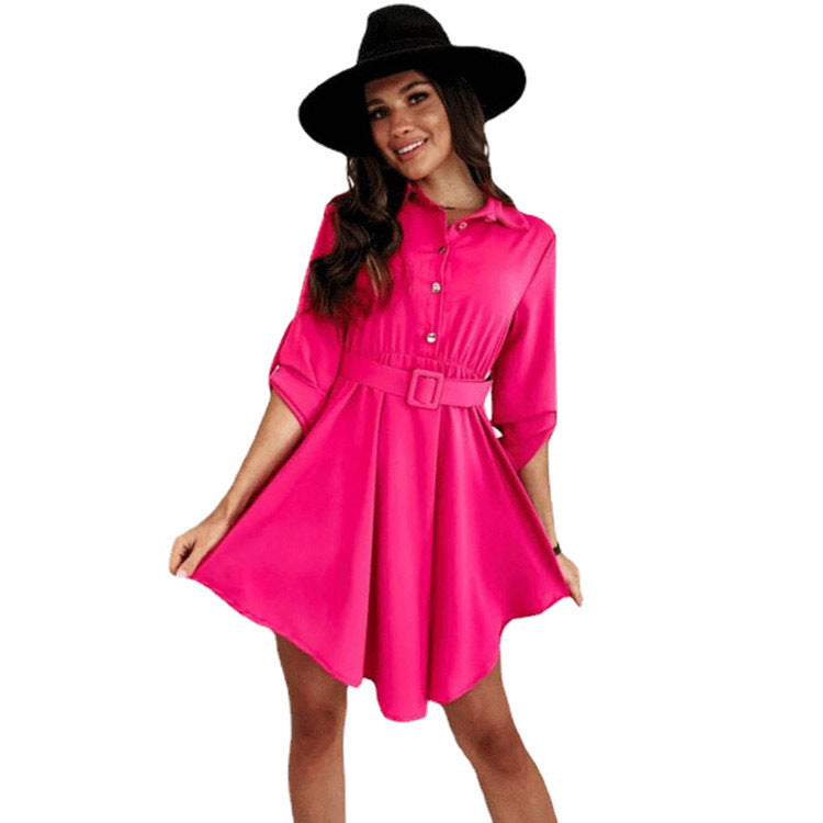 Damen Knielanges Hemdblusenkleid mit Taillengürtel und eleganten Details EB