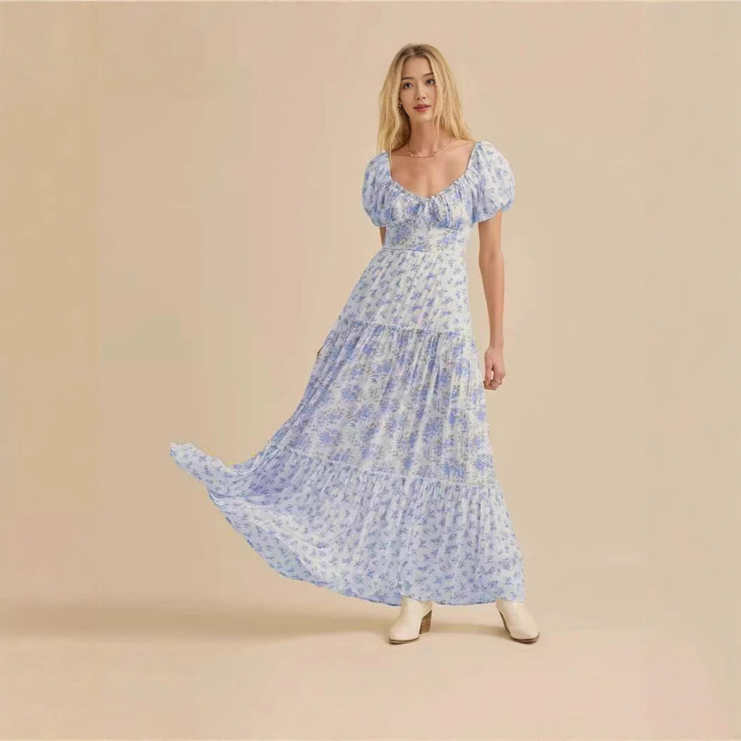 Damen Maxikleid mit blumigem Design und hochwertigen Puffärmeln EB