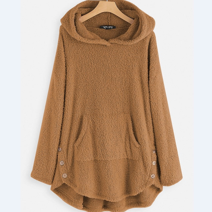 Damen nan kuscheliger Teddy-Kapuzenpullover mit Kängurutasche, Knopfleiste an den Seiten und abgerundetem Saum EB