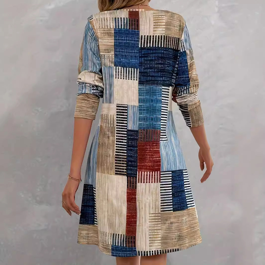 Damen Freizeitkleid mit grafischem Muster und lockerem Schnitt EB
