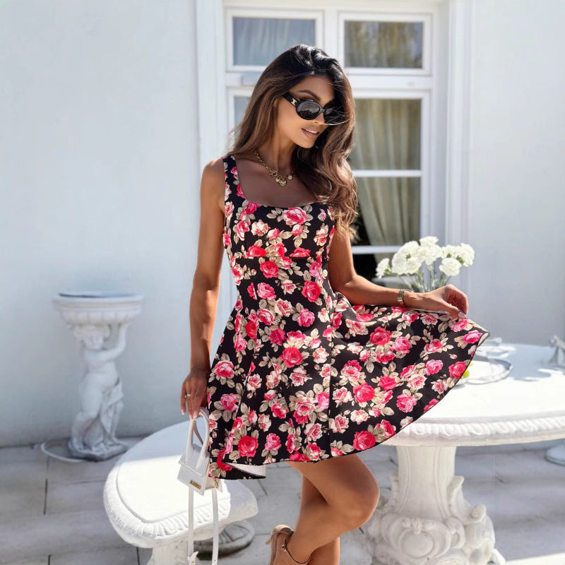 Damen Sommerliches Boho-Nahtkleid mit offenem Rücken und floralem Design EB