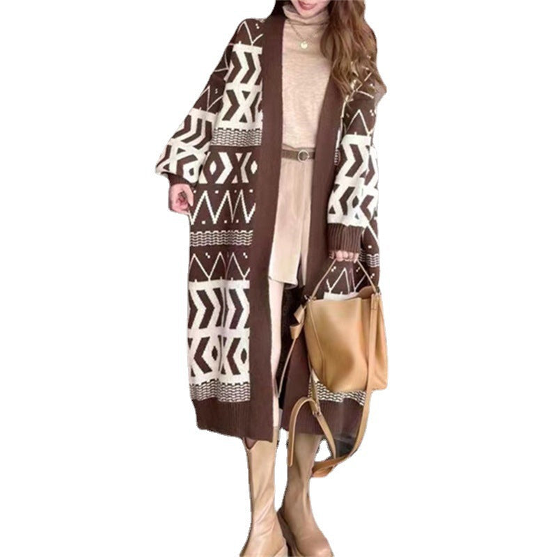 Damen Long Cardigan mit grafischem Design und tiefen Taschen EB