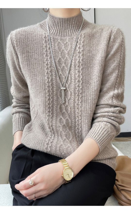 Damen Strickpullover mit elegantem Zopfmuster und hoch geschlossenem Kragen EB