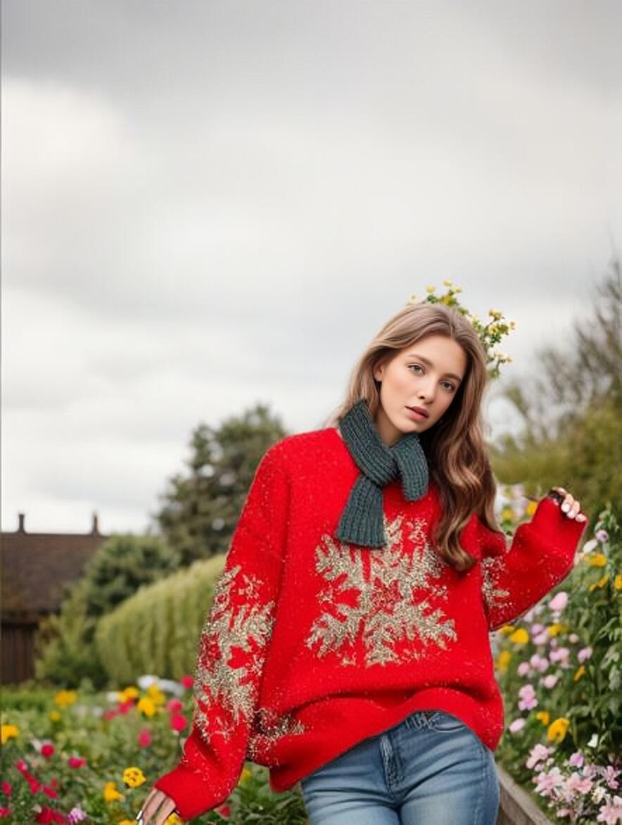 Damen Oversized Strickpullover mit auffälligem Schneeflockenmotiv und lässigen Ärmeln EB