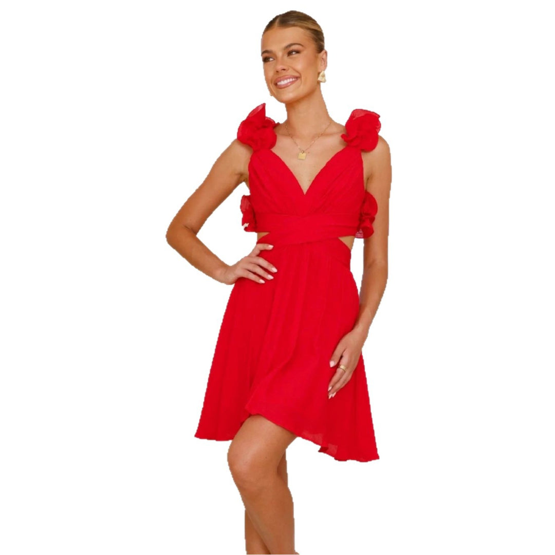 Damen Freizeitsommerkleid mit voluminösen Rüschenträgern und V-Ausschnitt EB