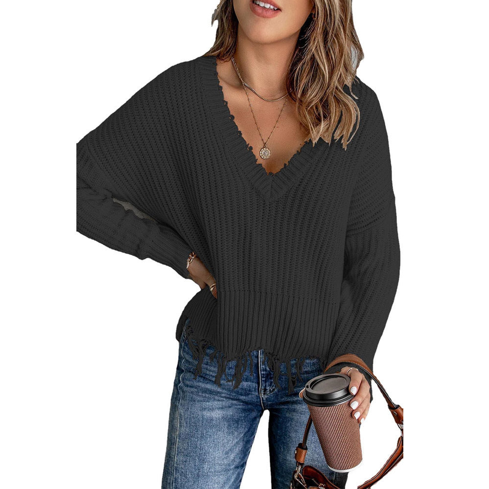 Damen V-Ausschnitt Strickpullover mit Fransen EB