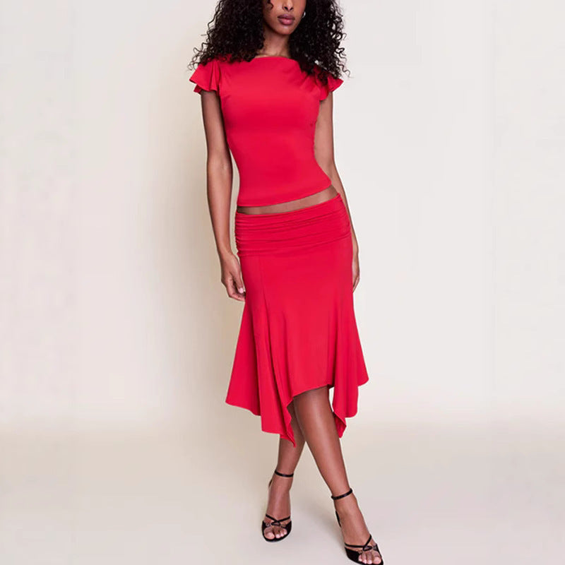 Damen Elegantes Oberteil mit Rüschendetails und asymmetrischem Rock EB