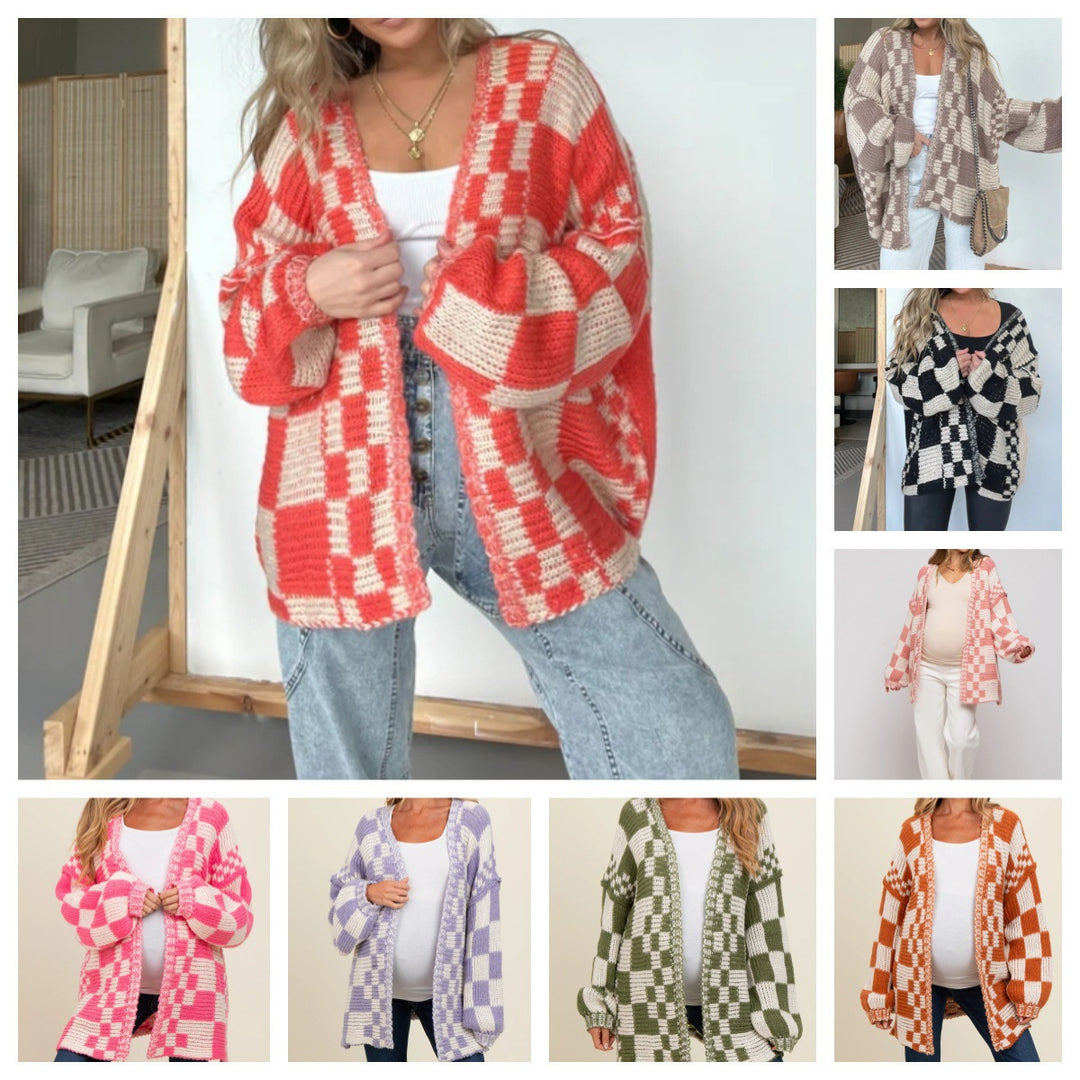 Damen lässiger Strickcardigan mit Karomuster und oversized Schnitt EB