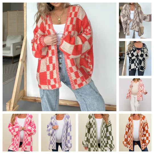 Damen lässiger Strickcardigan mit Karomuster und oversized Schnitt EB
