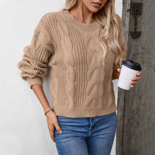 Damen grob gestrickter Pullover mit voluminösen Ärmeln und Zopfmuster EB
