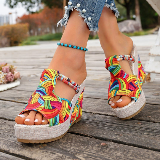 Damen modische Wedge-Sandalen mit buntem Mustermix und bequemer Sohle EB