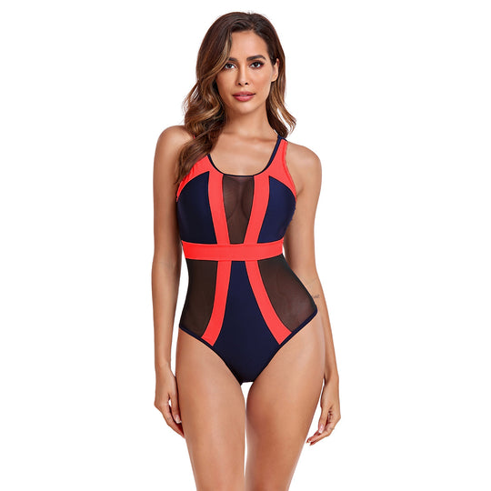 Damen Einteiliger Badeanzug mit transparenten Mesh-Einsätzen und modischem Farbblock EB