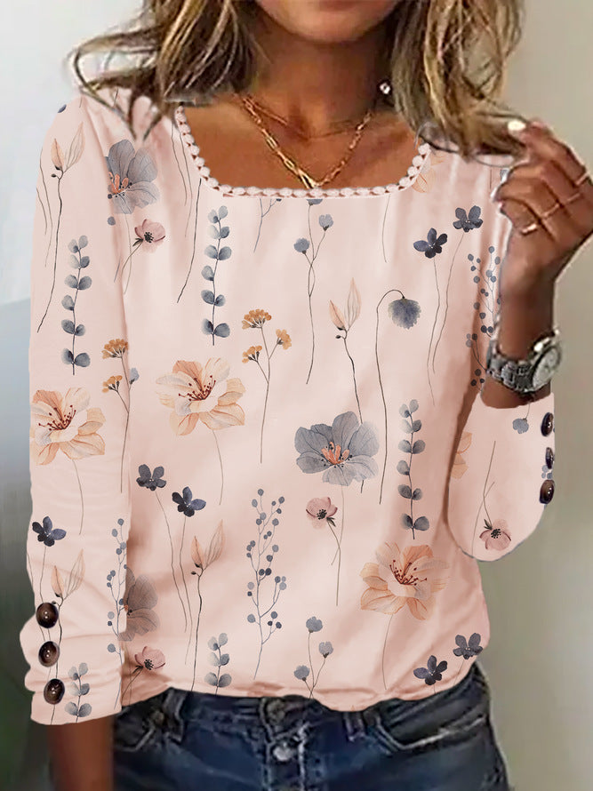 Damen Bluse mit floralem Druck und dekorativen Knopfdetails EB
