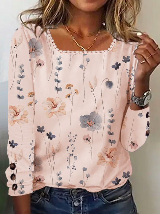 Damen Bluse mit floralem Druck und dekorativen Knopfdetails EB